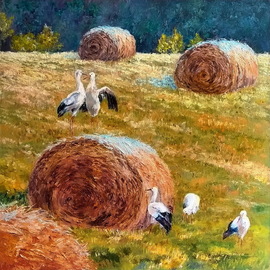 Elena Zorina: 'storks', 2017 Oil Painting, Landscape. Artist Description: Stork, birds, summer, autumn, field, summer landscape, autumn landscape, hay...