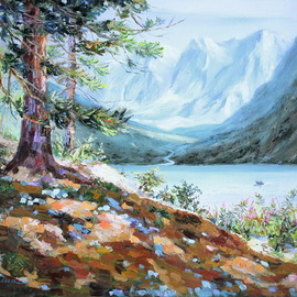 Elena Zorina: 'treasured land', 2016 Oil Painting, Landscape. Artist Description: mountains, lake, forest, summer landscape, mountain landscape, water landscape, pines, sun...