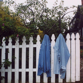Ruth Zachary: 'Breaking for Lunch', 2006 Color Photograph, Americana. Artist Description: Two classic blue work shirts on white picket fence.  Two friends, perhaps sweethearts, have been gardening all morning and now they are breaking for lunch. Lovely Valentine' s Day, Wedding or Anniversary image.  Monhegn Island, Maine.  11 x 14