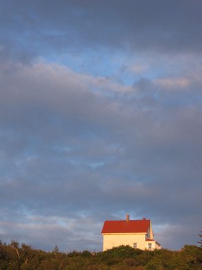 Ruth Zachary: 'Sylvias Sky', 2006 Color Photograph, Sky.  Big blue sky mottled by white and gray clouds over the spot of red roof of the old lighthouse keepers house. Surreal, atmospheric.  Remote Monhegan Island 10 miles off the coast of Maine, USA.  11 x 14