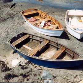 Ruth Zachary: 'Trio', 1998 Color Photograph, Boating. Artist Description:  Three wooden row boats, old rock wall. Monhegan Island, Maine. 11 x 14
