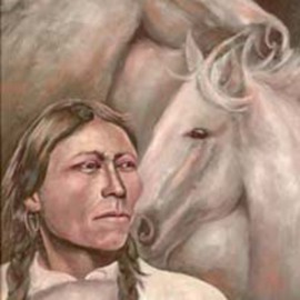 Sally Arroyo: '1910 Native American Indian with his Horse Spirit Guides', 2015 Oil Painting, Portrait. Artist Description:  Unknown Native American Indian in tribal dress and his wild horses, reflecting on past and future of his race. Signed by artist Size 24x18 Oil on canvas Framed ( barnyard gray in color) colors white with pastels  ...