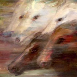 Sally Arroyo: 'The Race ', 2015 Oil Painting, Portrait. Artist Description:  Lead horses running wind in their faces covered by a veiled view. Oil on canvas, Signed by artist Size 24X20. Framed colors muted  ...
