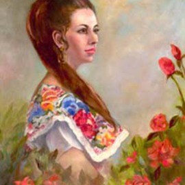 Sally Arroyo: 'VIRGINIA', 2015 Oil Painting, Portrait. Artist Description:  A FORMAL PORTRAIT OF A BEAUTIFUL WOMAN POSING IN FLORAL DRESS AS BEAUTIFUL AS THE ROSES THAT SURROUND HER. SHE DOES NOT MOVESize 30