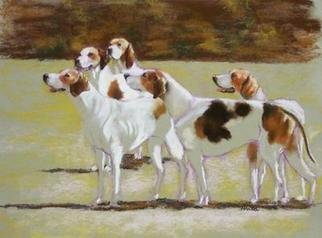 Sallyann Mickel: 'Five Foxhounds', 2004 Pastel, Animals. Pastel Painting of five Foxhound dogs waiting for the Hunt to begin...