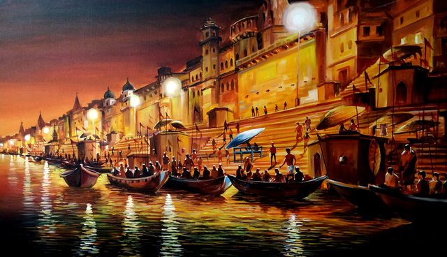 Artist Samiran Sarkar. 'Beauty Of Night Varanasi' Artwork Image, Created in 2019, Original Painting Acrylic. #art #artist