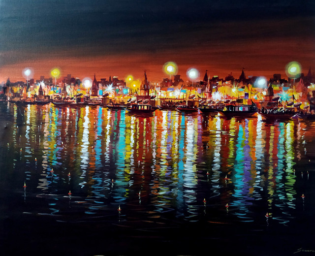 Samiran Sarkar  'Colorful Night Varanasi Ghats', created in 2021, Original Painting Acrylic.