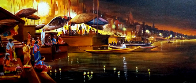 Samiran Sarkar  'Festival Night Varanasi Ghat', created in 2020, Original Painting Acrylic.