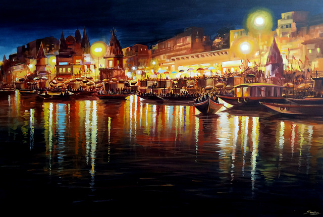 Samiran Sarkar  'Night In Varanasi', created in 2021, Original Painting Acrylic.
