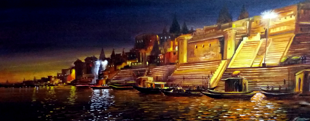 Samiran Sarkar  'Silent Night Varanasi', created in 2021, Original Painting Acrylic.