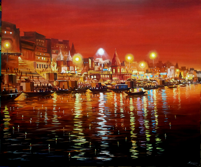 Samiran Sarkar  'Varanasi At Night', created in 2021, Original Painting Acrylic.