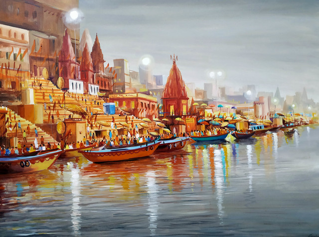 Samiran Sarkar  'Varansi Ghats Monsoon Evening', created in 2020, Original Painting Acrylic.