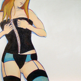 Sam Thorp: 'back to front', 2010 Acrylic Painting, Figurative. Artist Description: Conventionally pretty woman in a corset. High Key colors with bold arabesque lines. No personal information about the model will be given out. Original and one of a kind. No Photoshop, AI or NFT nonsense. Just old fashioned skills by a real human being. Acrylic on canvas board. ...