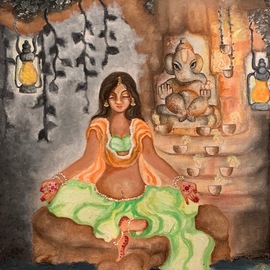 Sangeetha Bansal: 'meditating with ganesha', 2019 Oil Painting, Spiritual. Artist Description: Ganesha or Ganapati is the most well known Hindu deity. Ganesha is widely revered as the remover of obstacles. As the god of beginnings, he is honoured at the start of rites and ceremonies and worshipped before beginning any task.Ganesha has the head of an elephant and ...