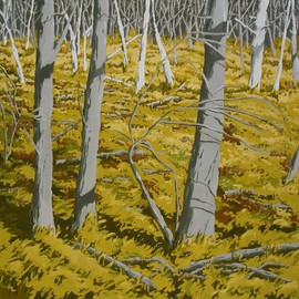 S. Josephine Weaver: 'The Clearing', 1991 Oil Painting, Landscape. Artist Description:   trees, autumn light, gold  shadows, twigs tree, bark, flower, lily, orange, leaf, sky         ...