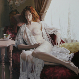 Seidai Tamura: 'Morning Tea', 2008 Oil Painting, nudes. Artist Description:  Oil on Masonite board, 24x 36, 2008. The image conceived at one of many historic houses located here in Reno. It has many elegant late 1800' s elements in it. A new model Rebecca did a very nice job posing. ...
