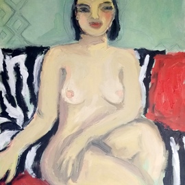 Selenia Bosso: 'nude on zebra sofa', 2020 Oil Painting, Nudes. Artist Description: Naked black- haired woman sitting on a black and white striped sofa and red cushions, with aqua green wall background...