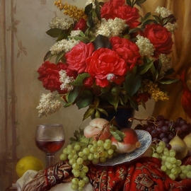 Dmitry Sevryukov: 'red roses', 2018 Oil Painting, Floral. Artist Description: Realism needs rehabilitation and a Flemish- style still life is exactly what is needed for this. I try to work with respect to the masters of previous eras and to the standards of painting of the Middle Ages. I hope that what I do will appeal to lovers ...