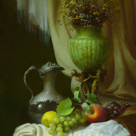 Dmitry Sevryukov: 'still life with a green vase', 2012 Oil Painting, Still Life. Artist Description: Realism needs rehabilitation and a Flemish- style still life is exactly what is needed for this. I try to work with respect to the masters of previous eras and to the standards of painting of the Middle Ages. I hope that what I do will appeal to lovers ...