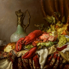 Dmitry Sevryukov: 'still life with lobster', 2018 Oil Painting, Still Life. Artist Description: Realism needs rehabilitation and a Flemish- style still life is exactly what is needed for this. I try to work with respect to the masters of previous eras and to the standards of painting of the Middle Ages. I hope that what I do will appeal to lovers ...