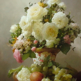 Dmitry Sevryukov: 'white roses', 2008 Oil Painting, Still Life. Artist Description: Realism needs rehabilitation and a Flemish- style still life is exactly what is needed for this. I try to work with respect to the masters of previous eras and to the standards of painting of the Middle Ages. I hope that what I do will appeal to lovers ...