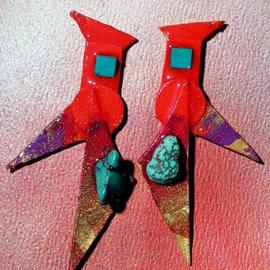 Richard Lazzara: 'red gradual turquoise ear ornaments', 1989 Mixed Media Sculpture, Fashion. Artist Description: red gradual turquoise ear ornaments from the folio LAZZARA ILLUMINATION DESIGN are available at 