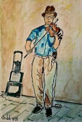 Dan Shiloh: 'fiddler in paris france', 2023 Tempera Painting, Cityscape. A fiddler playing on the street in Paris France...