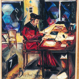 Shoshannah Brombacher: 'Buchstabe Shin', 1980 Oil Painting, Portrait. Artist Description: This is a portret of my father in his study. He is wearing his professoral gown, he lectures at the University of Maastricht ( Holland) . My father is the one who taught me my very first Hebrew letters, at an early age. He always liked the letter shin with ...