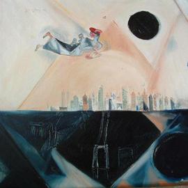 Shoshannah Brombacher: 'Di Rayzende', 1994 Oil Painting, Portrait. Artist Description: Di Rayzende ( the traveler, Yiddish) is a self portrait over New York, with the Willamsburg Bridge, which was the view of my studio at that time....