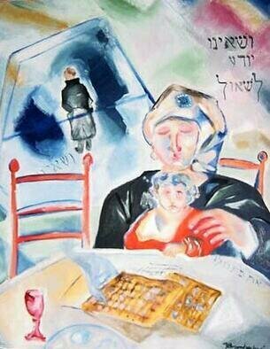 Shoshannah Brombacher: 'the son who can t ask', 1997 Oil Painting, Judaic. I created a lot of art for Pesach, wrote a complete Haggadah, series of the 15 Steps, Chad kadya, Echad mee yodea, in black and white or in color, painted the seder, and more. This painting belongs to a series of four, depicting the four sons in the Haggadah: the ...
