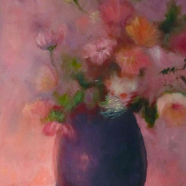 Sue Johnson: 'In the Pink', 2012 Oil Painting, Still Life. Artist Description:   Feeling pinkish one day.  Had multi colored flowers in a vase. Decidedly short on pink ones so decided to transform them.  Its called artistic license.   ...