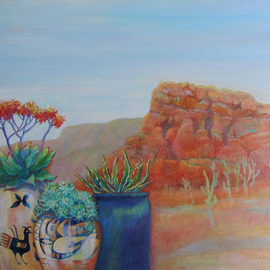 Sharon Nelsonbianco: 'Pottery With A View ARIZONA 2', 2014 Acrylic Painting, Southwestern. Artist Description:                      contemporary art, acrylic painting, Southwestern art, desert scenes, peace, tranquility, pottery, colorful art, Sharon Nelson- Bianco, southern artist, expressionist, Florida artist, floral, plants, desert plants, vivid, mountains, red rocks, Western          ...
