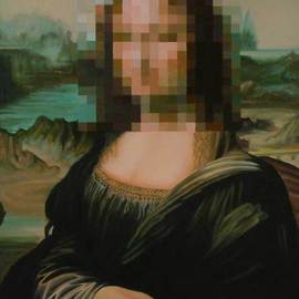 Steven Lynch: 'Identity Theft', 2010 Oil Painting, Satire. Artist Description:  	Mona Lisa with a pixellated face. Slavishly reproduced old master but then the image destroyed by the face having been stolen by individually painted pixels, but if you stand back the face reappears with as much clarity as the rest. An allegory for something but I don' ...