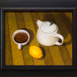 Mikhail Velavok: 'Tea And Lemon comp5', 2021 Oil Painting, Still Life. Artist Description: Original oil painting on canvas.  The artwork is being sold framed in natural light wood grain float frame 59. 5x50. 5cm.  Artwork without frame has dimensions 44. 0x35. 0cm.  It is wired and ready for hanging. ...
