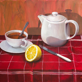 Mikhail Velavok: 'Tea With Lemon comp 3', 2018 Oil Painting, Still Life. Artist Description: Original oil painting on stretched canvas. The artwork is being sold unframed. The frame in the additional photo is an example only.tea, lemon, teapot, cup, knife, still life, red, checkered, fold, original...