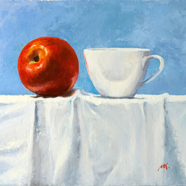 Mikhail Velavok: 'red white', 2017 Oil Painting, Still Life. Artist Description: Original oil painting on canvas. The work is being sold unframed. The frame in the additional photo is an example only.still life, apple, red apple, cup, white cup, red, white, wrinkle, fold, fabric, white fabric, tablecloth...