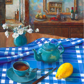 Mikhail Velavok: 'tea with lemon comp 2', 2018 Oil Painting, Still Life. Artist Description: Original oil painting on stretched canvas. The artwork is being sold unframed. The frame in the additional photo is an example only.tea, lemon, teapot, cup, still life, blue, checkered, fold, room, interior...