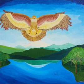 Gregory Roberson: 'Regal Place', 2016 Acrylic Painting, Landscape. Artist Description:  Original acrylic painting on Masonite board. A majestic hawk in a Regal Place is flying above the landscape and commands power in a serene place. landscape, bird, hawk, sky, lake, water, mountains, eagle, nature, animals ...