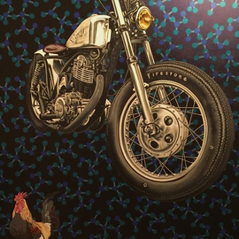Stephen Hall: 'Molecular Motivation', 2015 Acrylic Painting, Surrealism. Artist Description:  Motorbike, Yamaha SR500, Rooster, Molecules, Straight Edge Razor          ...