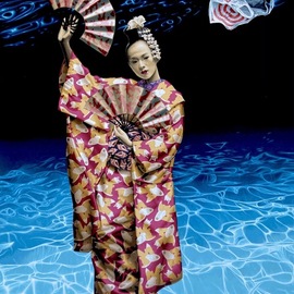 Stephen Hall: 'beauty and the empty ocean', 2020 Acrylic Painting, Figurative. Artist Description: A Geisha adorned in various treasures of sea life, stands in an empty ocean with the image of a plastic bag branded as a metaphor for corporate greed. ...