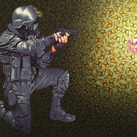Stephen Hall: 'crowd control', 2016 Acrylic Painting, Abstract Figurative. Artist Description: aEURoeThis painting had specific intent. After a year or more of being bombarded in the news with images of a very militarized police force continually shooting unarmed people in this country, Iwanted to place such a policeman in a sea of beautiful nature shooting an octopus. The ...