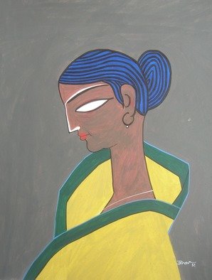 Tapan Kar: 'KRISHNA1', 2012 Tempera Painting, Figurative.  The Girl is dark in her skin- color. She has wearied a Sharih. ...