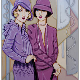 Tara Hutton: 'Violet and Rose', 2016 Acrylic Painting, Figurative. Artist Description:  flappers, portrait, figurative, 1920s, art deco, geometric, pastel, violet, rose, gray, beige, taupe, mauve, two women, cloche hats, chemise dresses, bobbed hair, bee stung lips, glamour, feminine, woman cave, ...