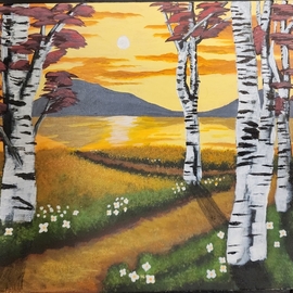 Sean Mahoney: 'birch trees at sunset', 2022 Acrylic Painting, Landscape. Artist Description: This imaginary, idealic scene uses warm colors to create an inviting atmosphere that calls out to the viewer to abandone their current situation and step into the warmth of a perfect sunset. ...