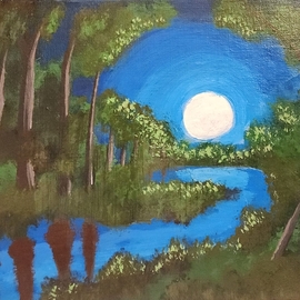 Sean Mahoney: 'moonlight serenity', 2023 Acrylic Painting, Landscape. Artist Description: This painting is an escape to a place of total inner peace and contentment. The limited color pallet of just blue and green, with hints of brown on a dark background creates a calming effect on the viewer. ...