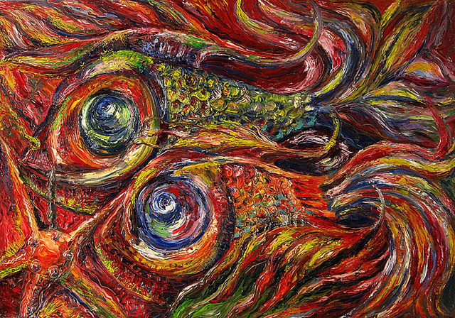 Artist Temo Dumbadze. 'Two Fish' Artwork Image, Created in 2013, Original Painting Oil. #art #artist