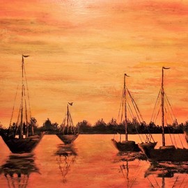 Teri Paquette: 'anchored for the night', 2021 Oil Painting, Seascape. Artist Description: ORIGINAL OIL PAINTING  INSPIRED BY FLEET OF ANCHORED BOATS SEEN WHILE ON VACATION. THE SUN WAS SETTING AND REFLECTED ON WATER. SCENE WS GOLDEN AND BREATHTAKING. ...