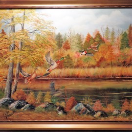 Teri Paquette: 'mallards in flight', 2019 Oil Painting, Landscape. Artist Description: I OFTEN TAKE LONG WALKS AND THIS SIGHT WAS A WELCOME SIGHT- IT IS AN ORIGINAL OIL PAINTING IN A ORNATE GOLD FRAME- SIGNED...