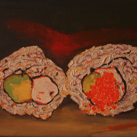 Terri Higgins: 'Sushi', 2012 Oil Painting, Still Life. Artist Description:  if you would like a sushi painting of your own, contact me. This painting is oil on linen. California roll and California roll with salmon roe.     ...