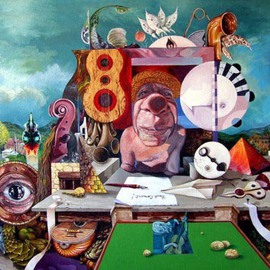 Otto Rapp: 'Pablos Last Concert', 1990 Acrylic Painting, Surrealism. Artist Description:  Picasso at his most playful, surrounded by odds and ends he refused to throw out, intuitively playing an assortment of out of tune musical instruments for the enjoyment of himself and with no regard to the sensitive ears of innocent bystanders.  ...
